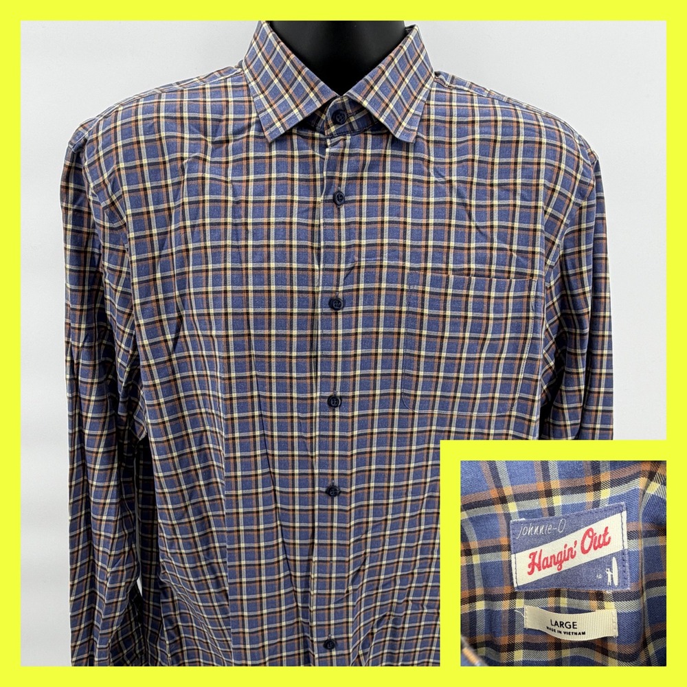 johnnie-O Hangin' Out Shirt‎ Mens Large L Blue Plaid Cotton Long Sleeve Casual